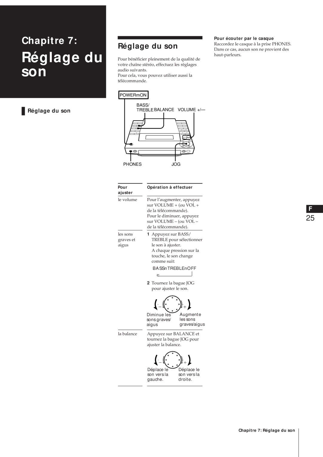 Sony MJ-L1A Réglage du son, Pour écouter par le casque, BASSn TREBLEnOFF, Diminue les Augmente Sons graves Les sons Aigus 