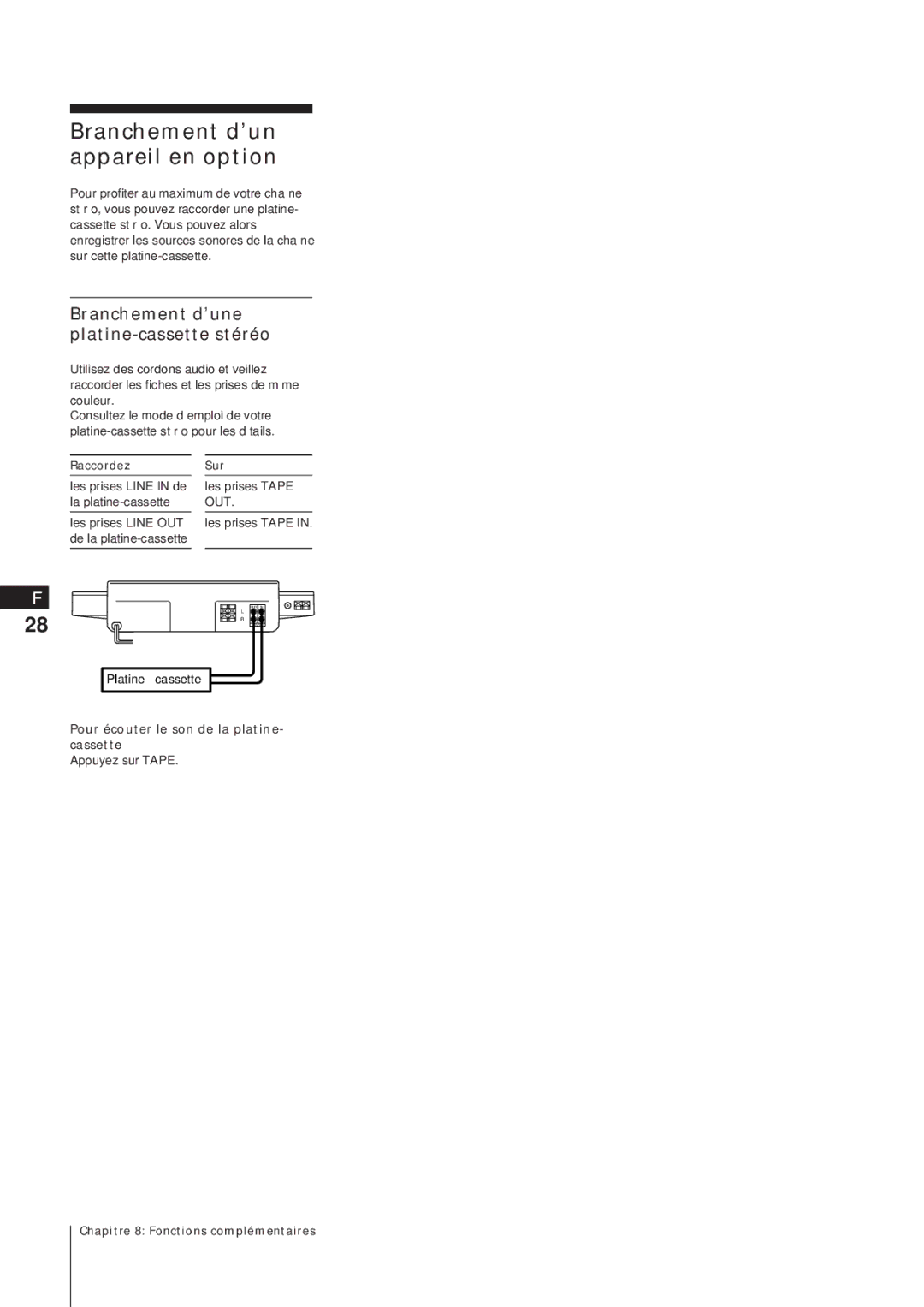 Sony MJ-L1A manual Branchement d’un appareil en option, Branchement d’une platine-cassette stéréo, Platine à cassette 