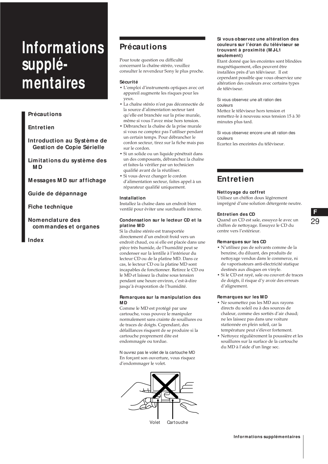 Sony MJ-L1A manual Précautions, Entretien 