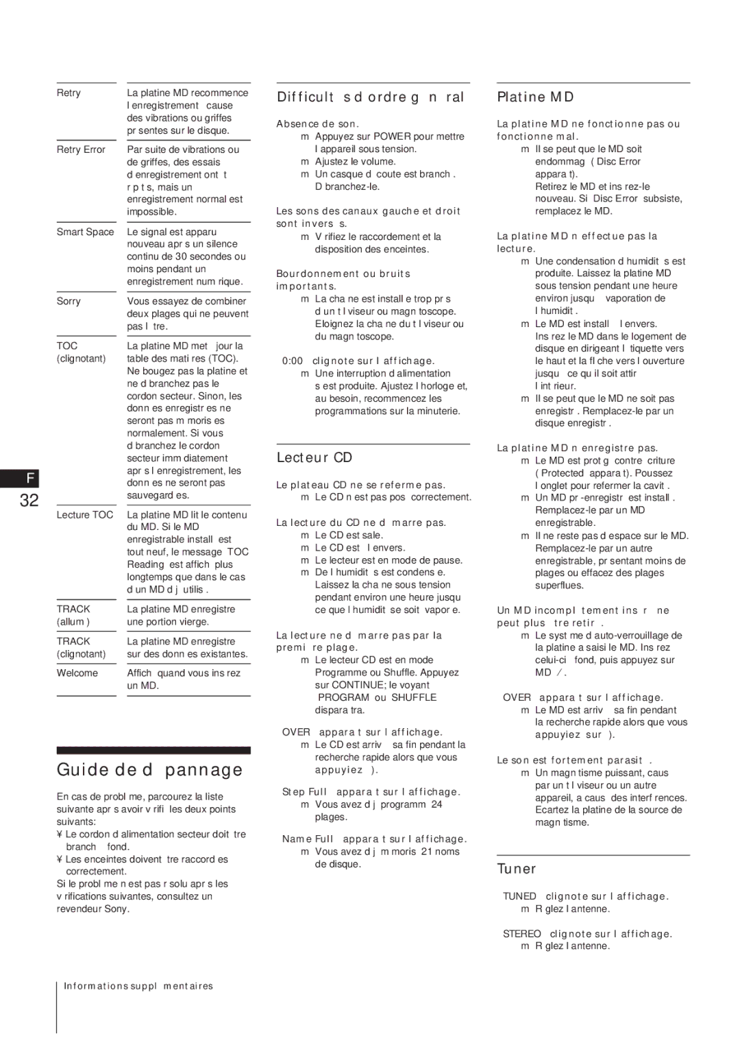 Sony MJ-L1A manual Guide de dépannage, Difficultés d’ordre général, Lecteur CD, Platine MD 