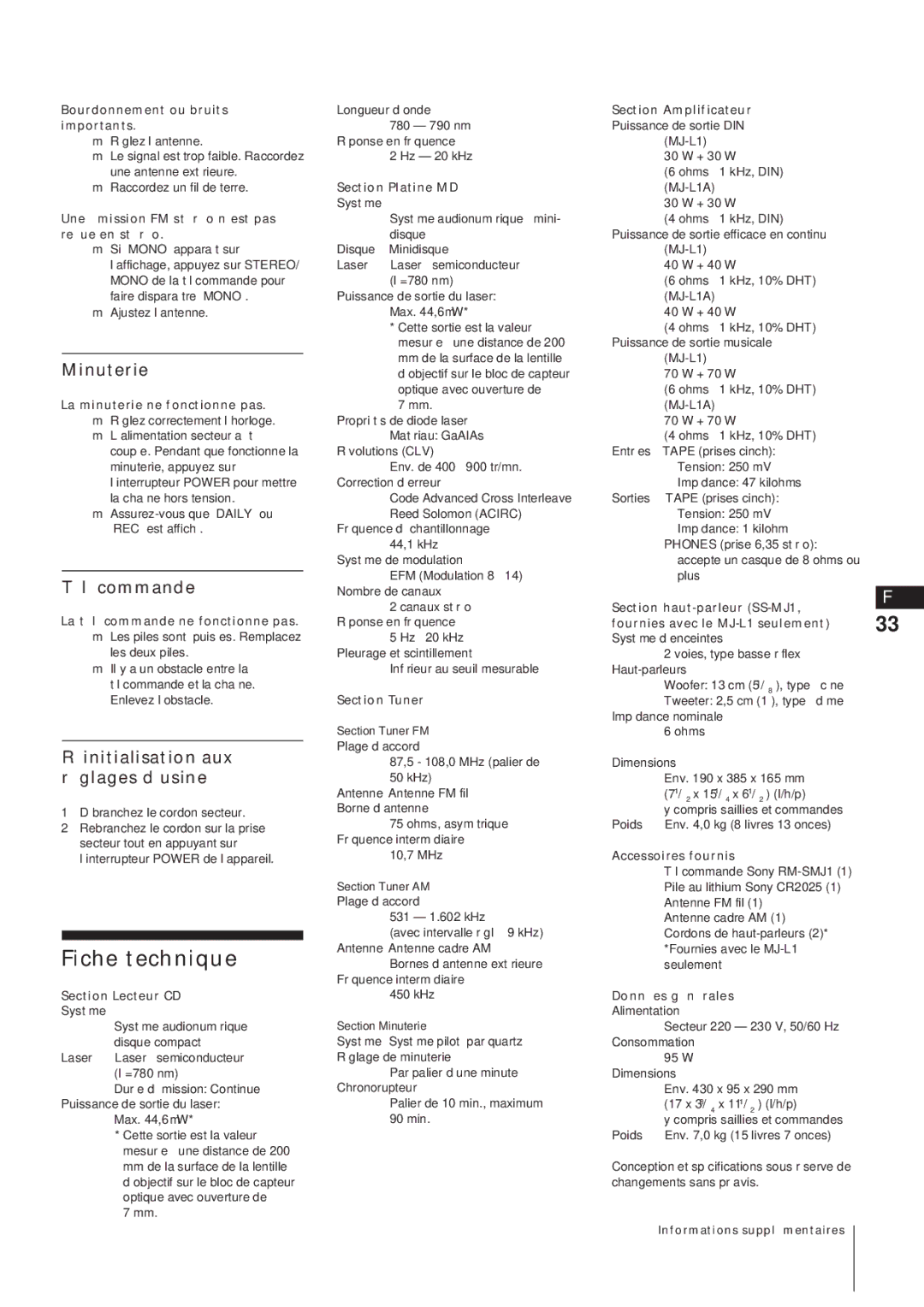 Sony MJ-L1A manual Fiche technique, Minuterie, Télécommande, Réinitialisation aux réglages d’usine 