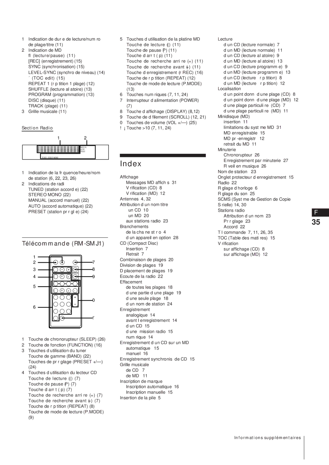 Sony MJ-L1A manual Télécommande RM-SMJ1, Section Radio 