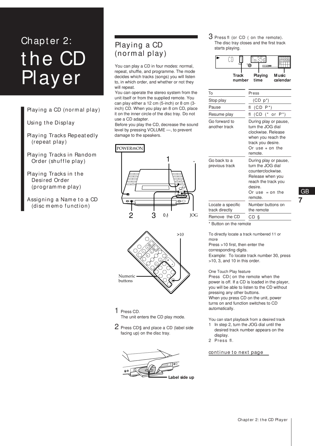 Sony MJ-L1A Playing a CD normal play, Track Playing Music Number Time Calendar, Power m on, Numeric buttons, Label side up 