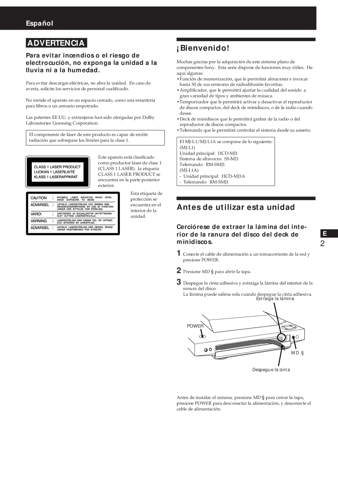 Sony MJ-L1A manual ¡Bienvenido, Antes de utilizar esta unidad, Extraiga la lámina, MD § Despegue la cinta 