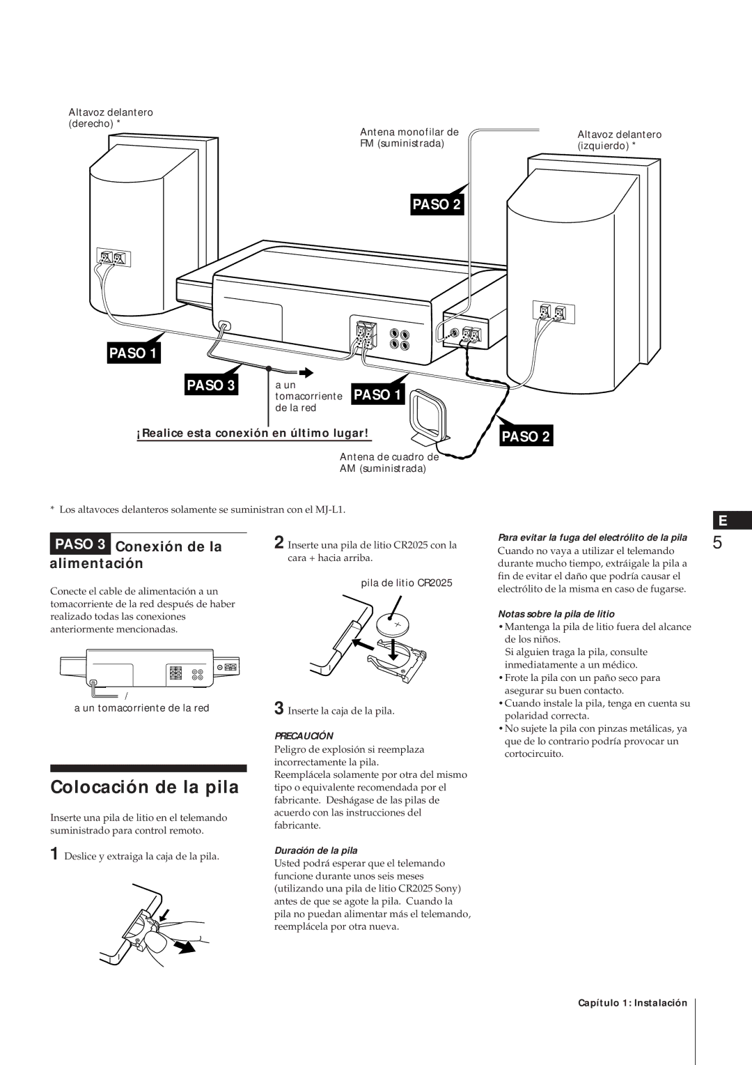 Sony MJ-L1A manual Colocación de la pila, Paso 3 Conexión de la alimentación 