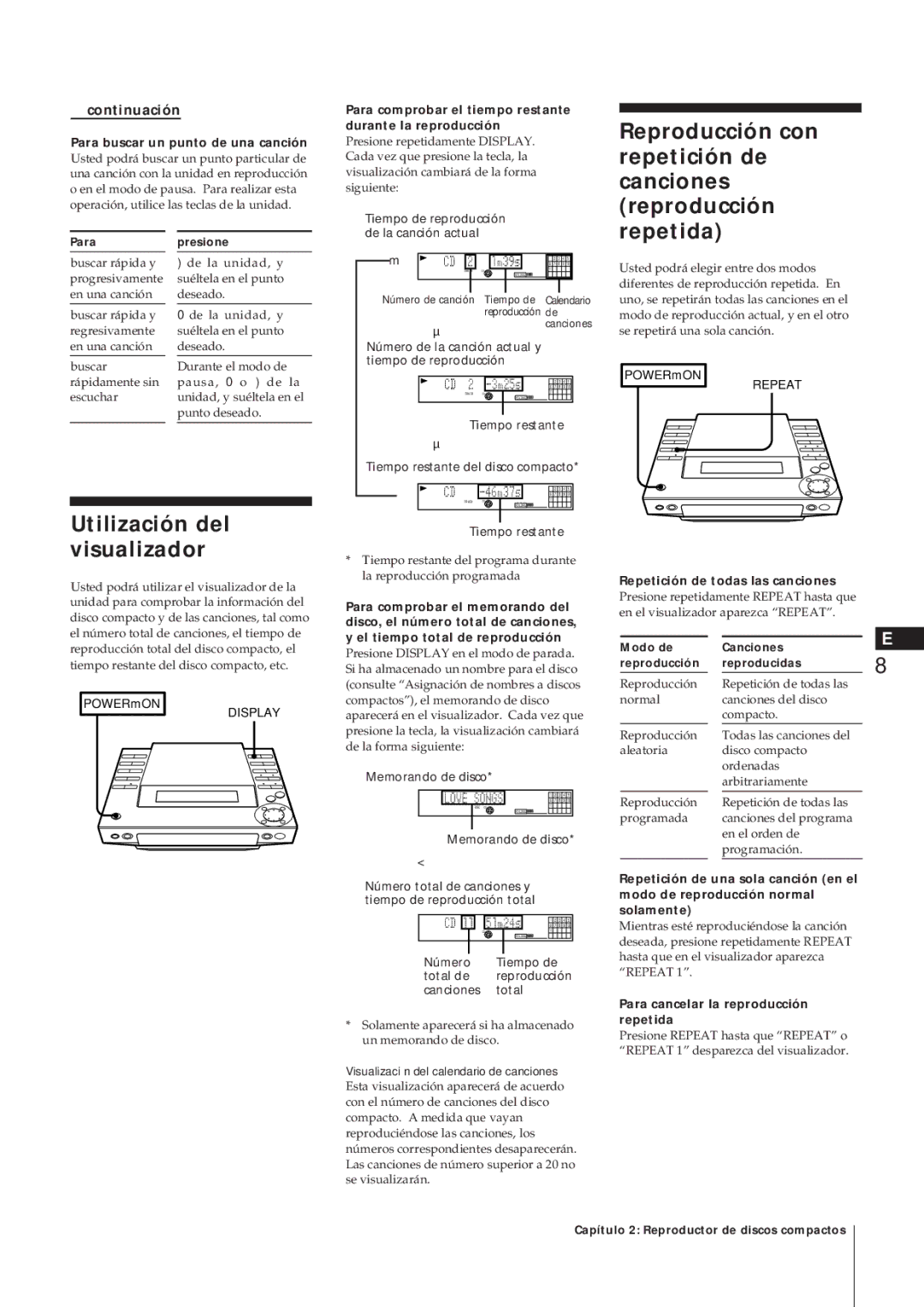 Sony MJ-L1A manual Utilización del visualizador, Para buscar un punto de una canción, Repetición de todas las canciones 