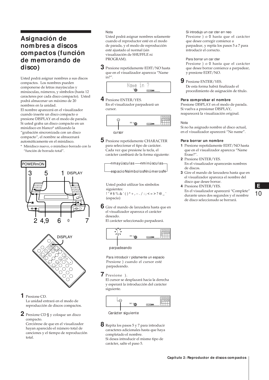 Sony MJ-L1A manual Nmayúsculas nminúsculas EspacioNsímbolosNnúmerosN, Carácter siguiente, Para comprobar el nombre 