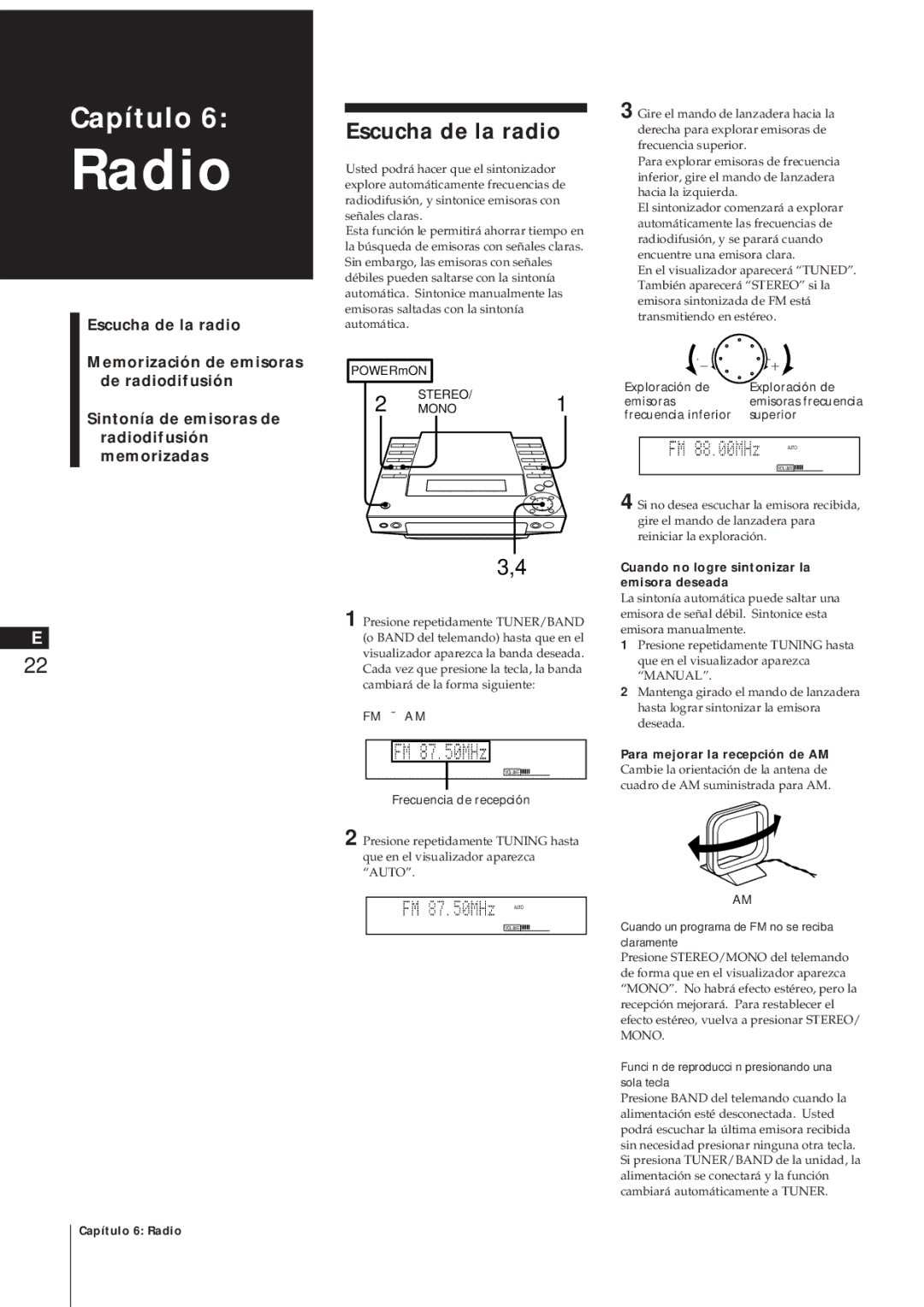 Sony MJ-L1A manual Escucha de la radio, Frecuencia de recepción, Exploración de Emisoras, Frecuencia inferior Superior 