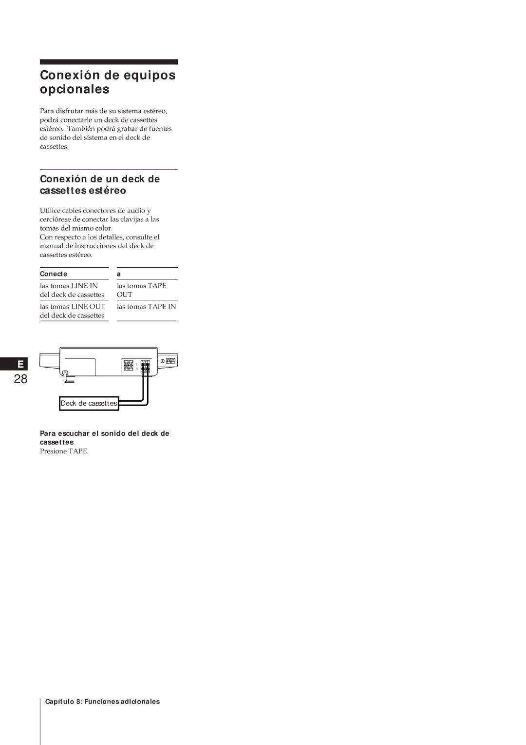 Sony MJ-L1A manual Conexión de equipos opcionales, Conexión de un deck de cassettes estéreo, Deck de cassettes 