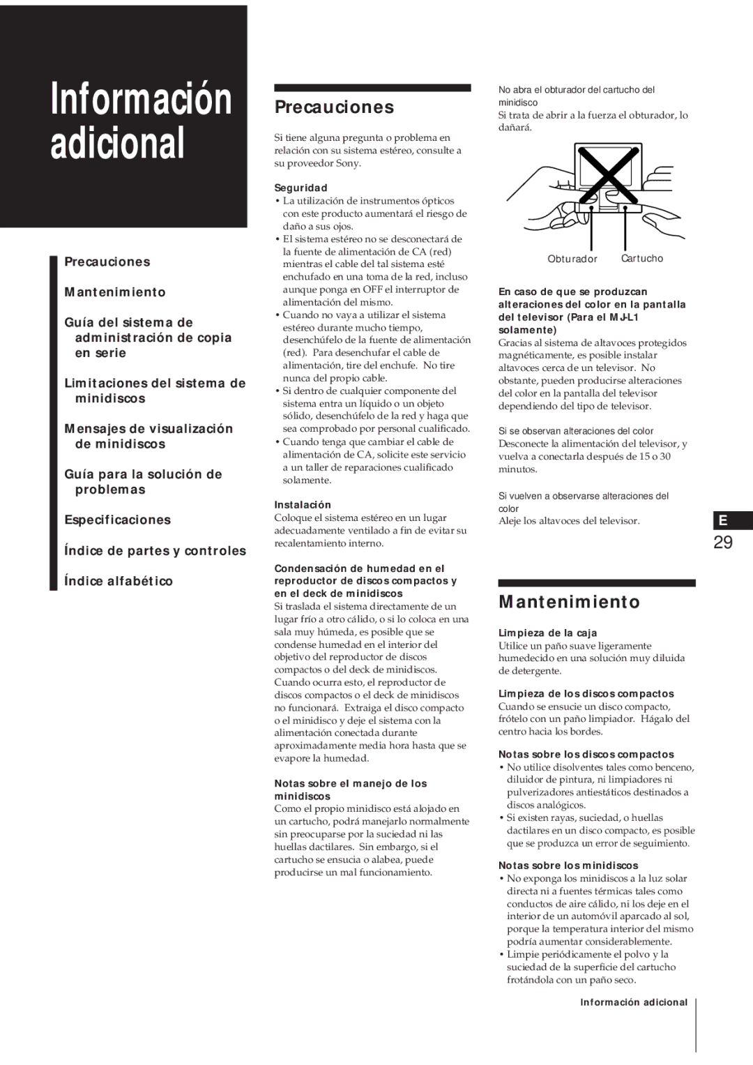 Sony MJ-L1A manual Precauciones, Mantenimiento 