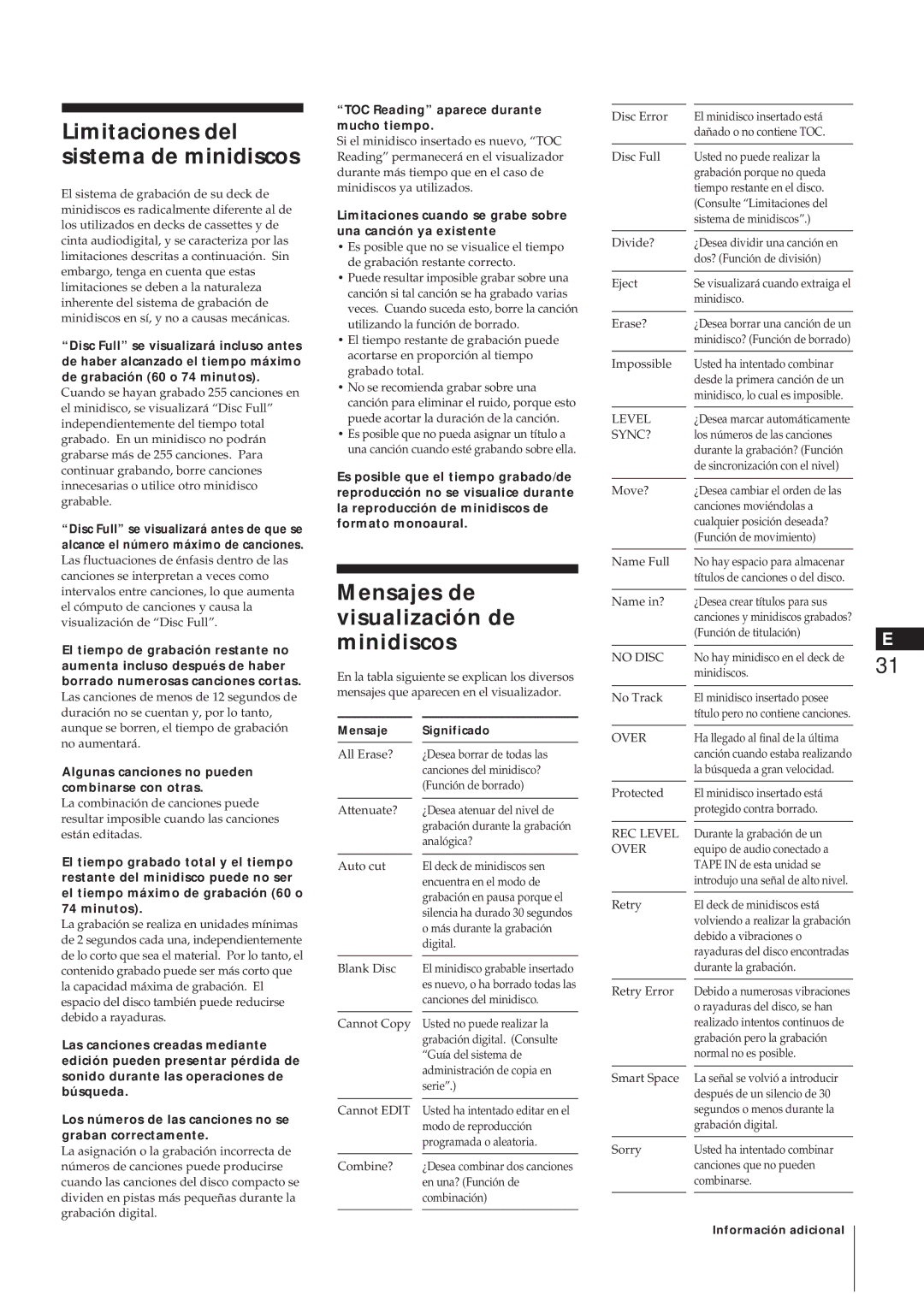 Sony MJ-L1A manual Limitaciones del sistema de minidiscos, Mensajes de visualización de minidiscos 