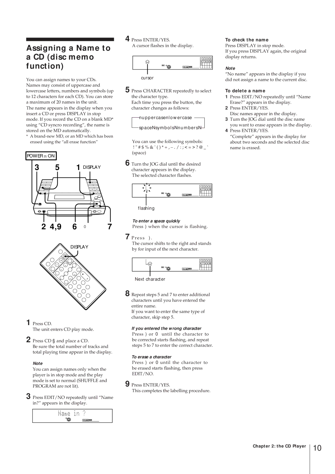 Sony MJ-L1 MJ-L1A operating instructions Assigning a Name to, CD disc memo function, To check the name, To delete a name 