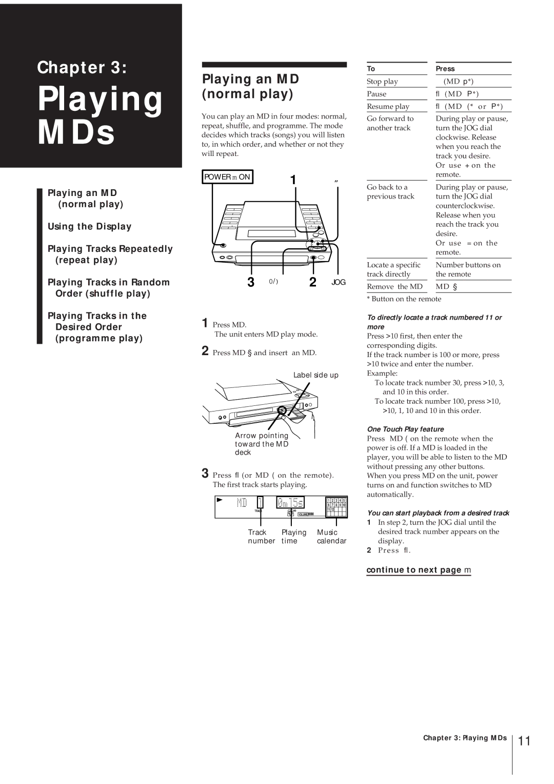 Sony MJ-L1 MJ-L1A operating instructions Playing an MD normal play, 2 JOG, Label side up Arrow pointing toward the MD deck 