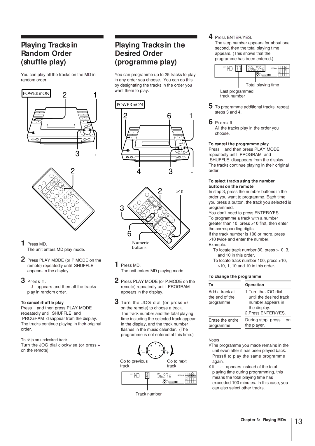 Sony MJ-L1 MJ-L1A operating instructions To cancel shuffle play, Go to previous Go to next Track, Track number 