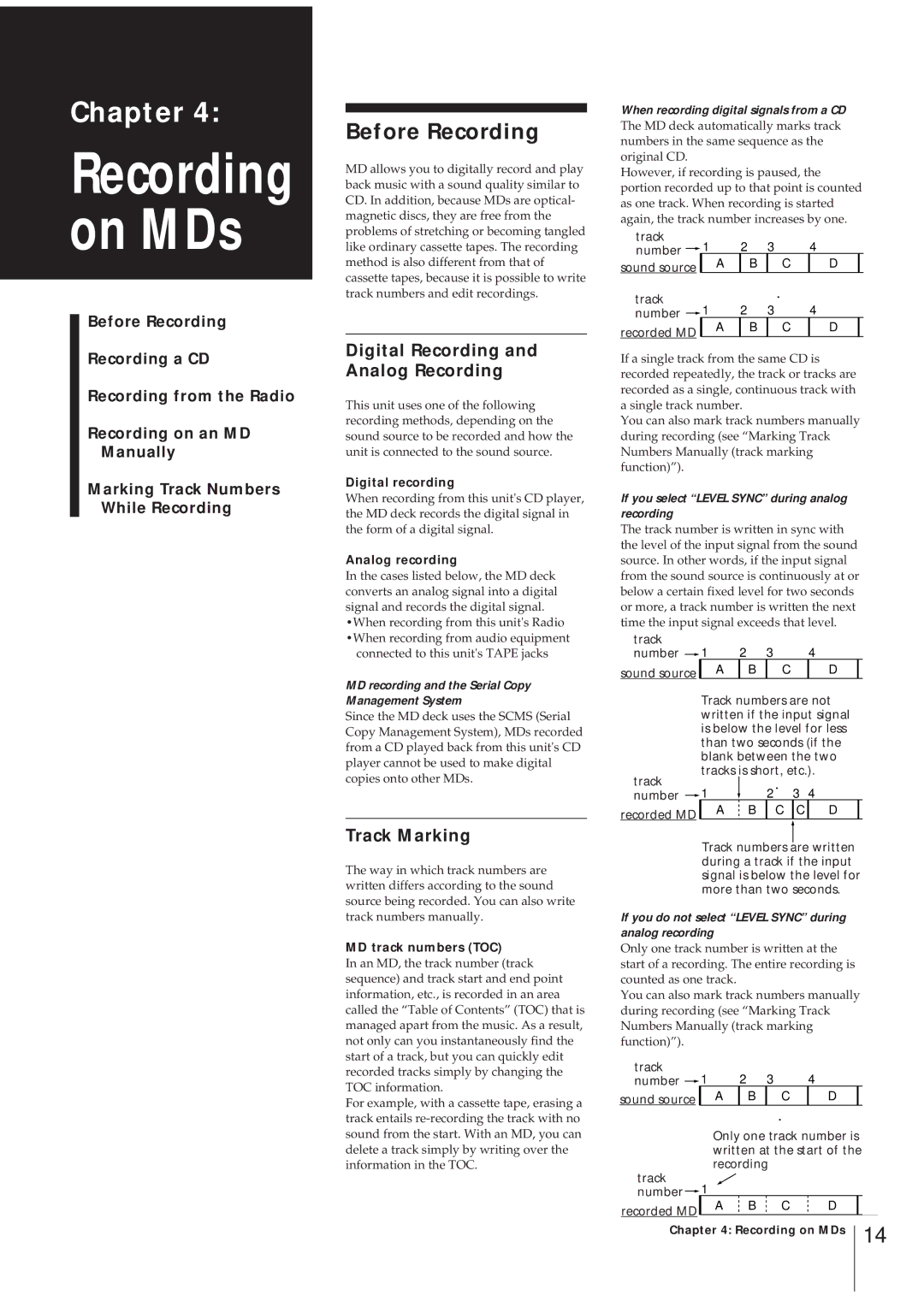 Sony MJ-L1 MJ-L1A operating instructions Before Recording, Digital Recording and Analog Recording, Track Marking 