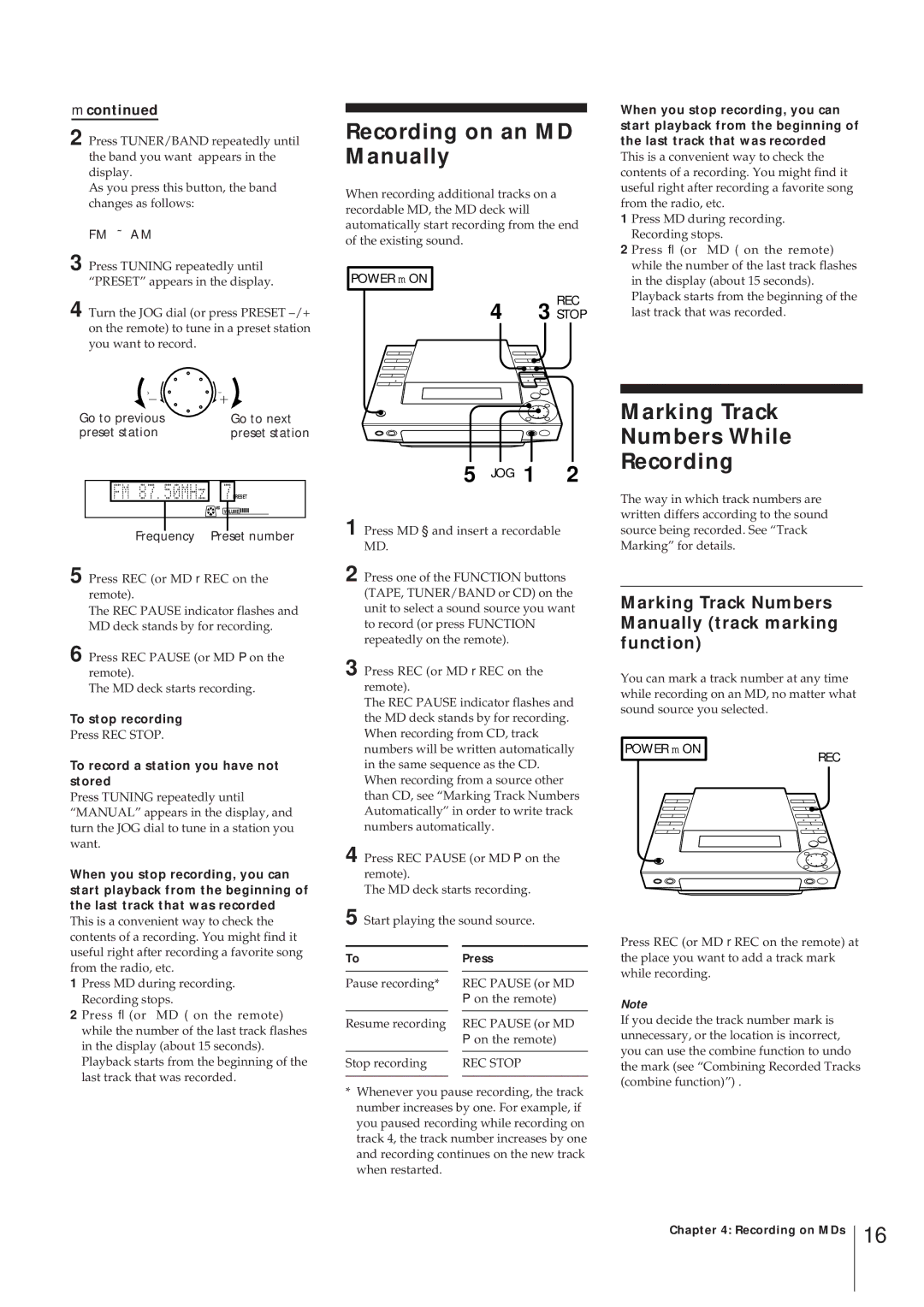 Sony MJ-L1 MJ-L1A operating instructions Recording on an MD Manually, Stop, JOG 1, Marking Track Numbers While Recording 