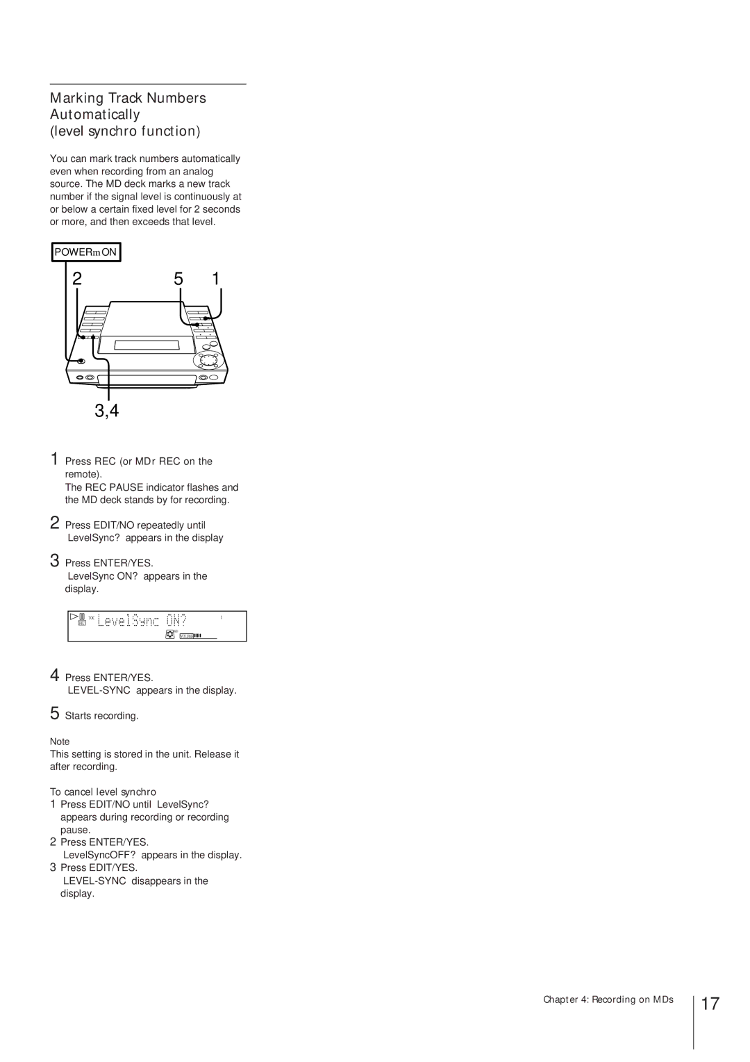 Sony MJ-L1 MJ-L1A Marking Track Numbers Automatically Level synchro function, To cancel level synchro 