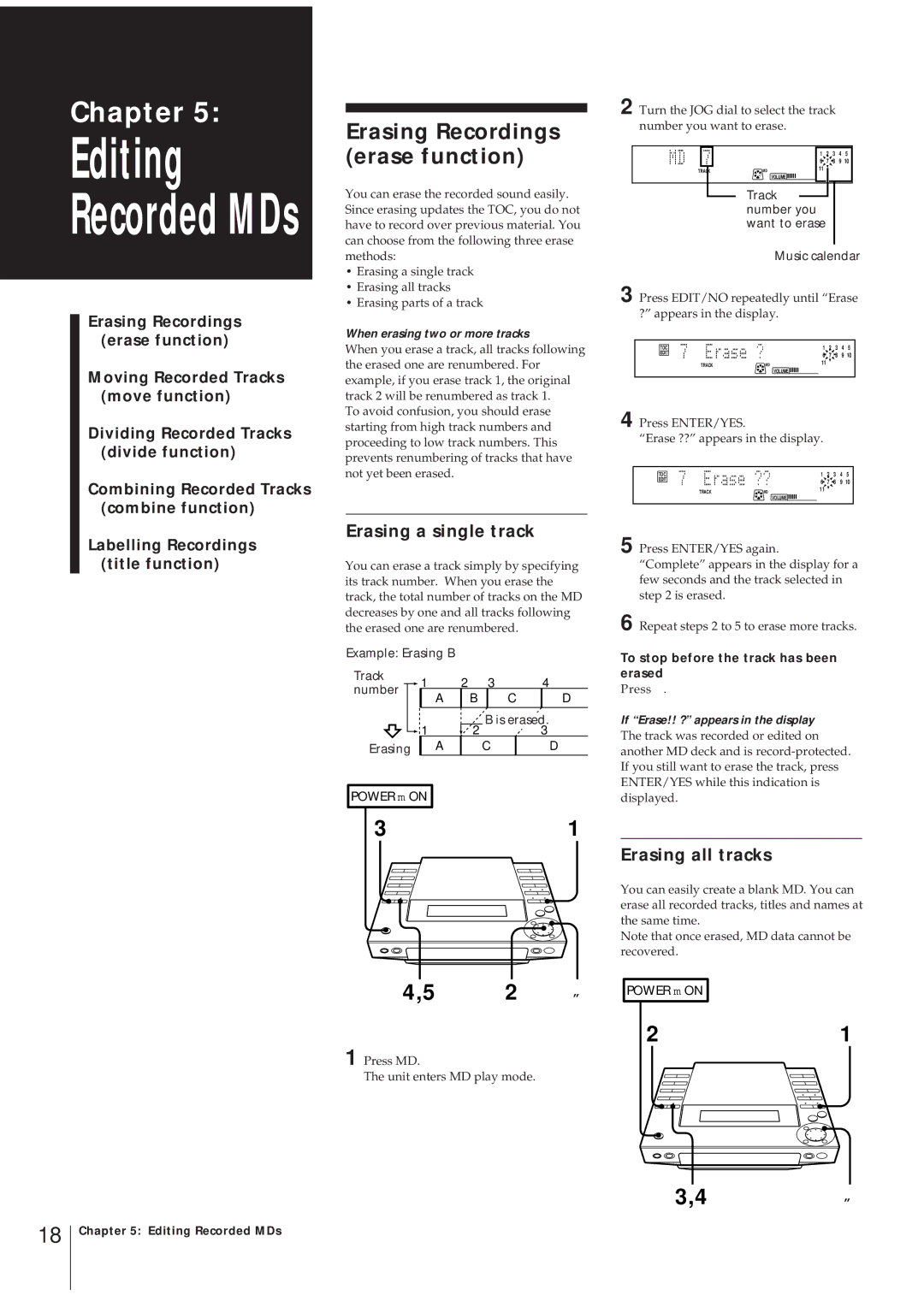 Sony MJ-L1 MJ-L1A operating instructions Erasing Recordings erase function, 2 „, Erasing a single track, Erasing all tracks 