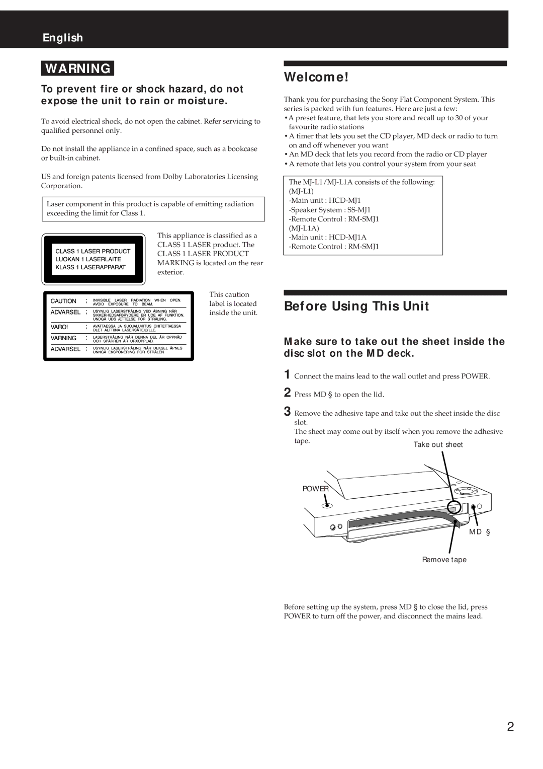 Sony MJ-L1 MJ-L1A operating instructions Welcome, Before Using This Unit, Md § 