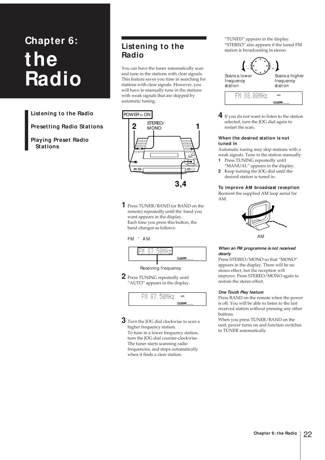 Sony MJ-L1 MJ-L1A Listening to Radio, When the desired station is not tuned, To improve AM broadcast reception 