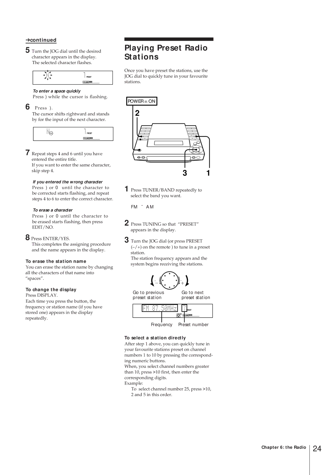 Sony MJ-L1 MJ-L1A Playing Preset Radio Stations, To erase the station name, To change the display, Frequency 