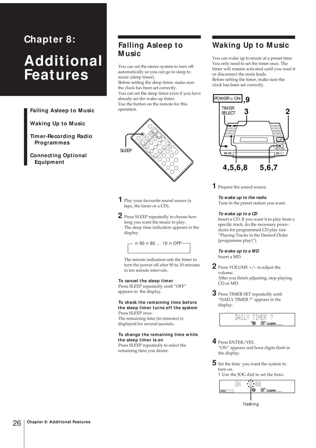 Sony MJ-L1 MJ-L1A operating instructions Falling Asleep to Music, Waking Up to Music, 6,8 5,6,7, To cancel the sleep timer 