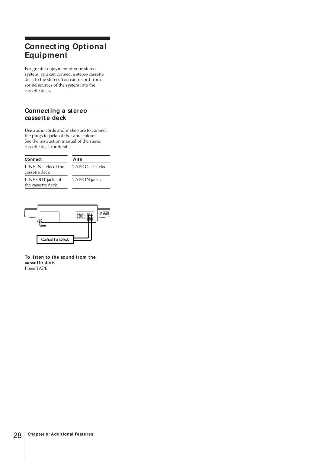 Sony MJ-L1 MJ-L1A operating instructions Connecting Optional Equipment, Connecting a stereo cassette deck, Cassette Deck 