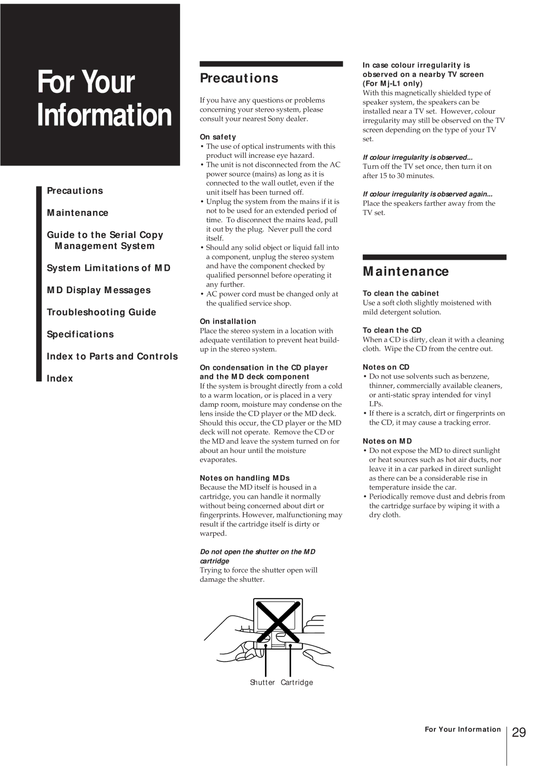 Sony MJ-L1 MJ-L1A operating instructions Precautions, Maintenance 