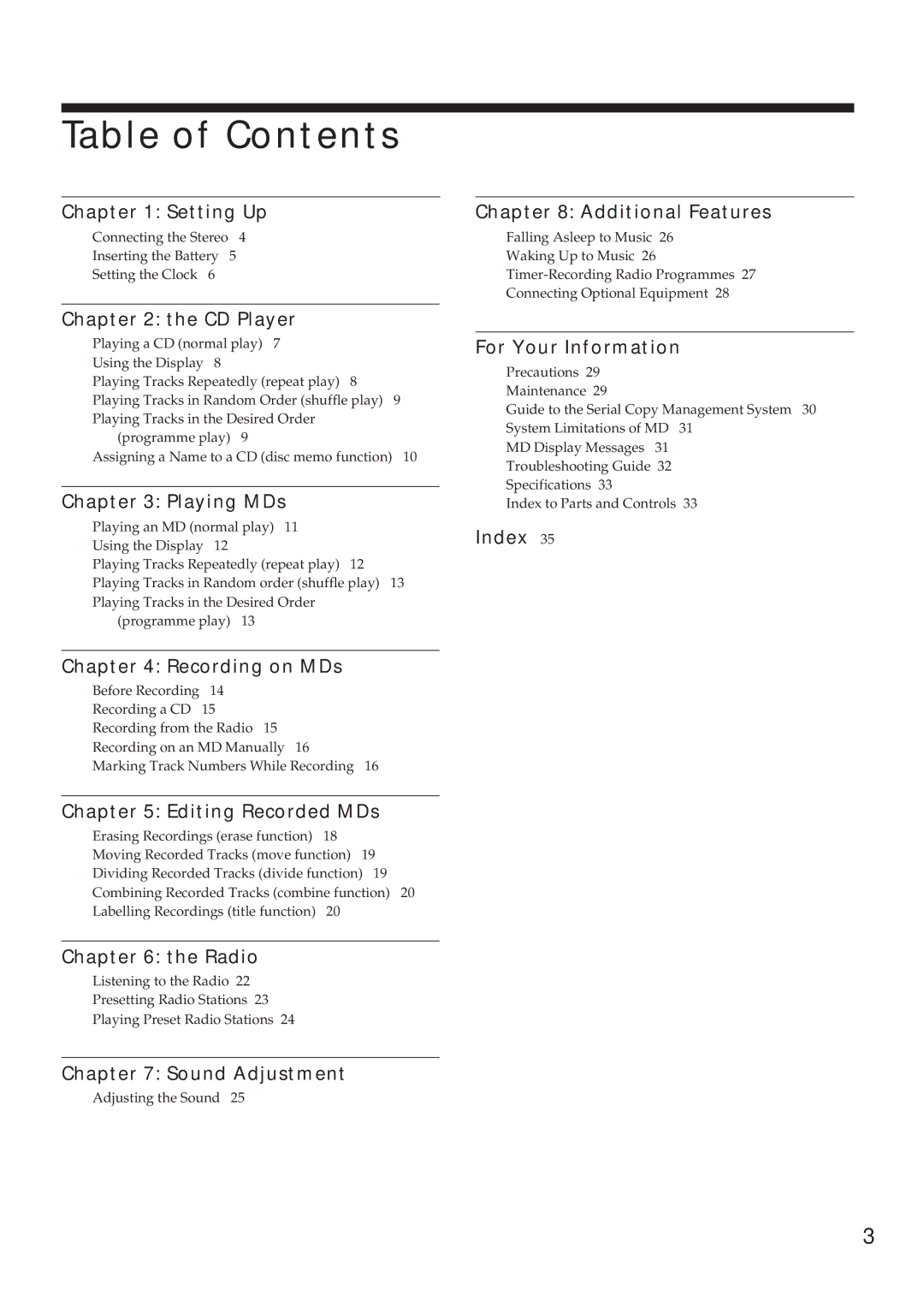 Sony MJ-L1 MJ-L1A operating instructions Table of Contents 