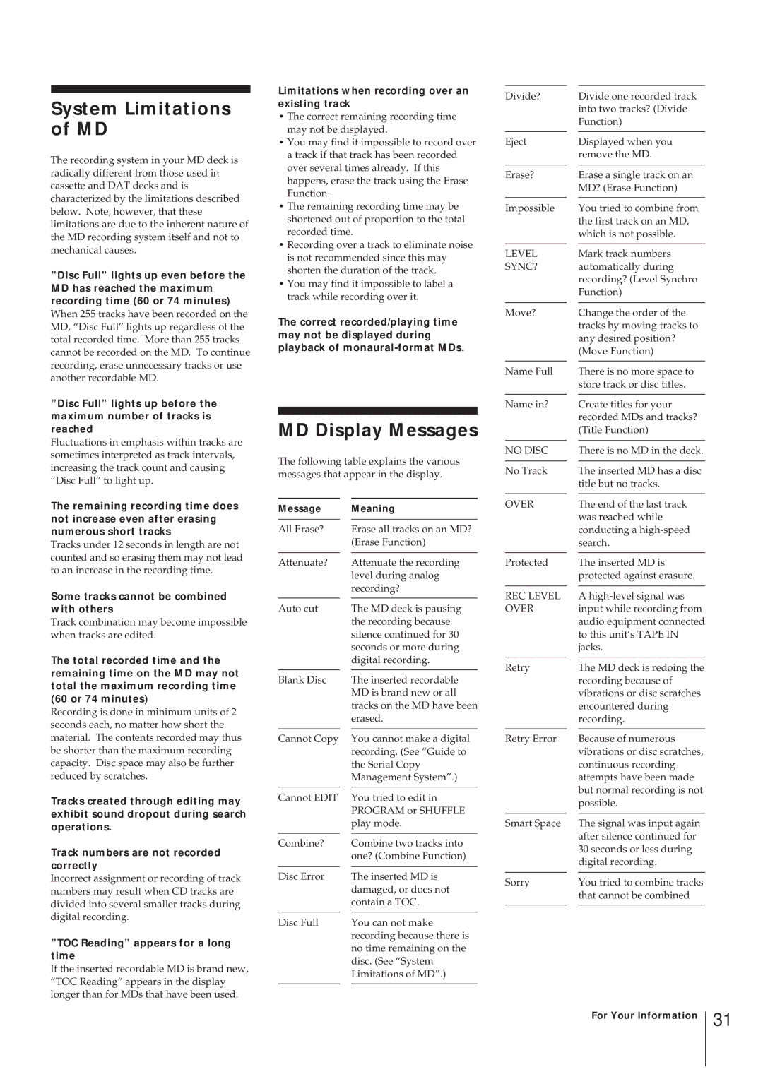 Sony MJ-L1 MJ-L1A System Limitations of MD, MD Display Messages, Some tracks cannot be combined with others 