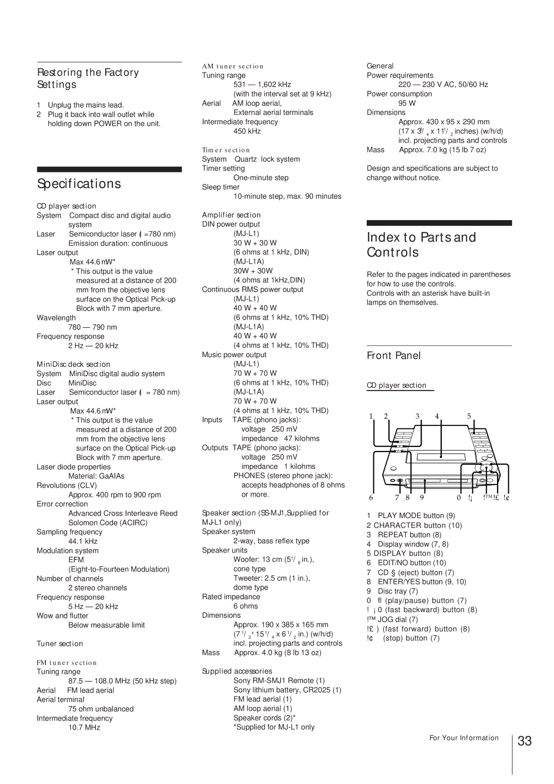 Sony MJ-L1 MJ-L1A Specifications, Index to Parts and Controls, Restoring the Factory Settings, Front Panel 