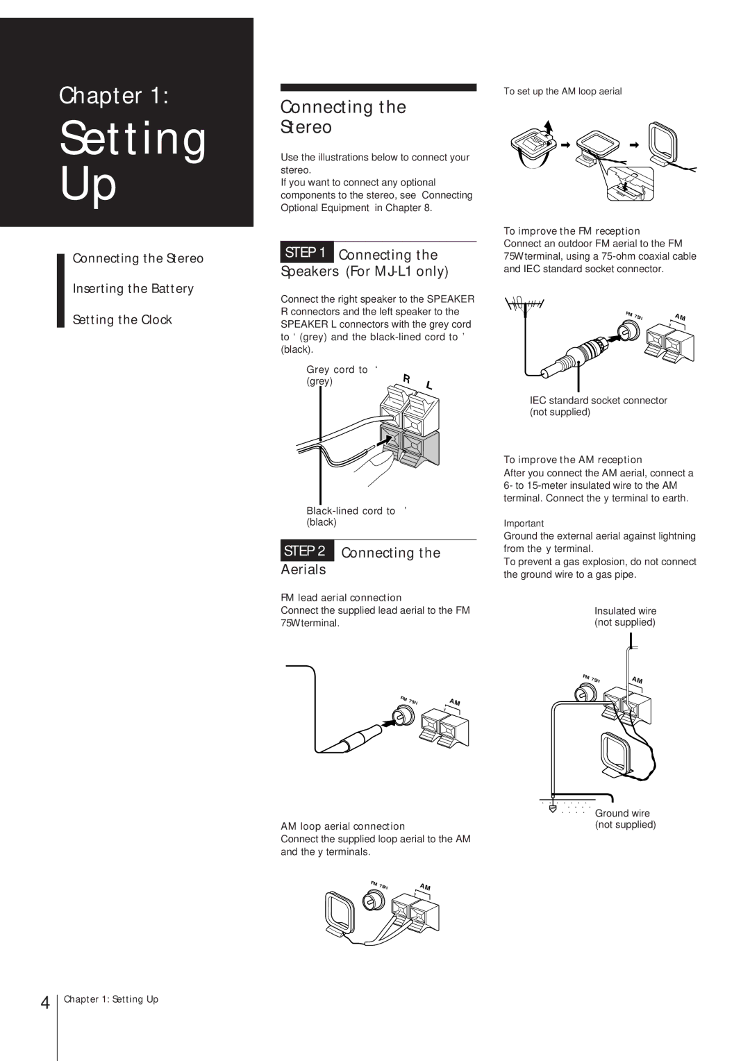 Sony MJ-L1 MJ-L1A operating instructions Connecting Stereo, Connecting the Speakers For MJ-L1 only, Connecting Aerials 