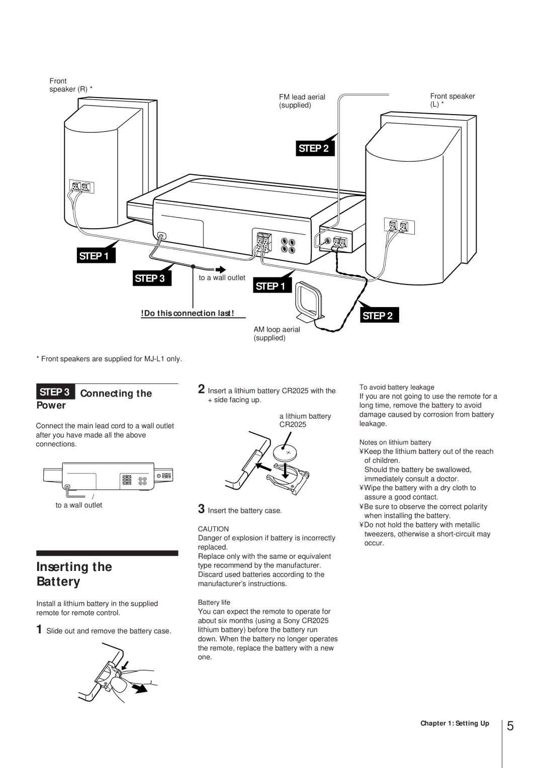 Sony MJ-L1 MJ-L1A operating instructions Inserting Battery, Connecting Power, To a wall outlet, Front speaker 