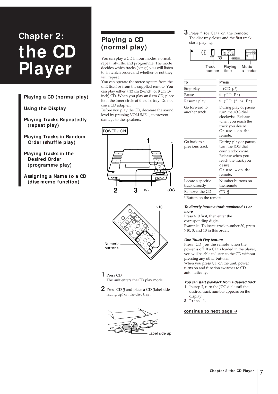 Sony MJ-L1 MJ-L1A Playing a CD normal play, Track Playing Music Number Time Calendar, Power m on, Numeric buttons 