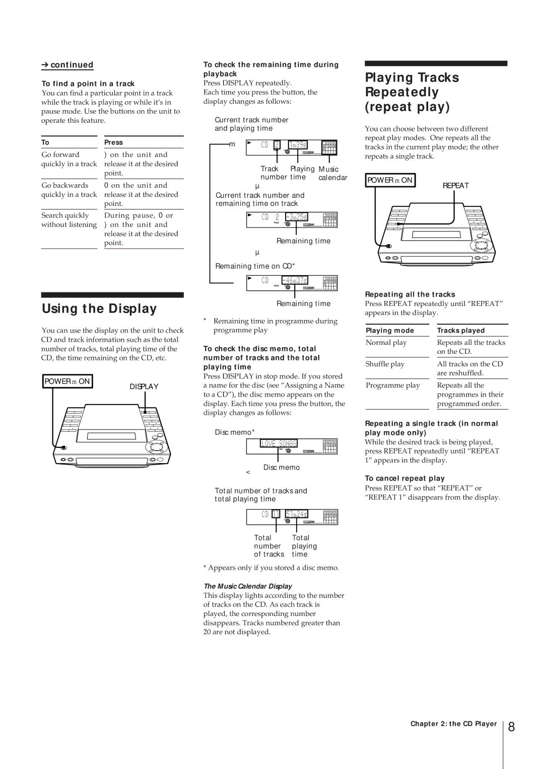 Sony MJ-L1 MJ-L1A operating instructions Playing Tracks Repeatedly repeat play, Using the Display 