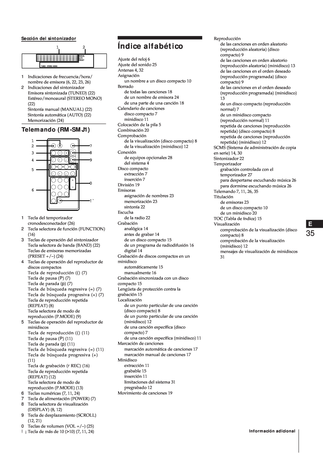 Sony MJ-L1A manual Índice alfabético, Telemando RM-SMJ1, Sección del sintonizador 