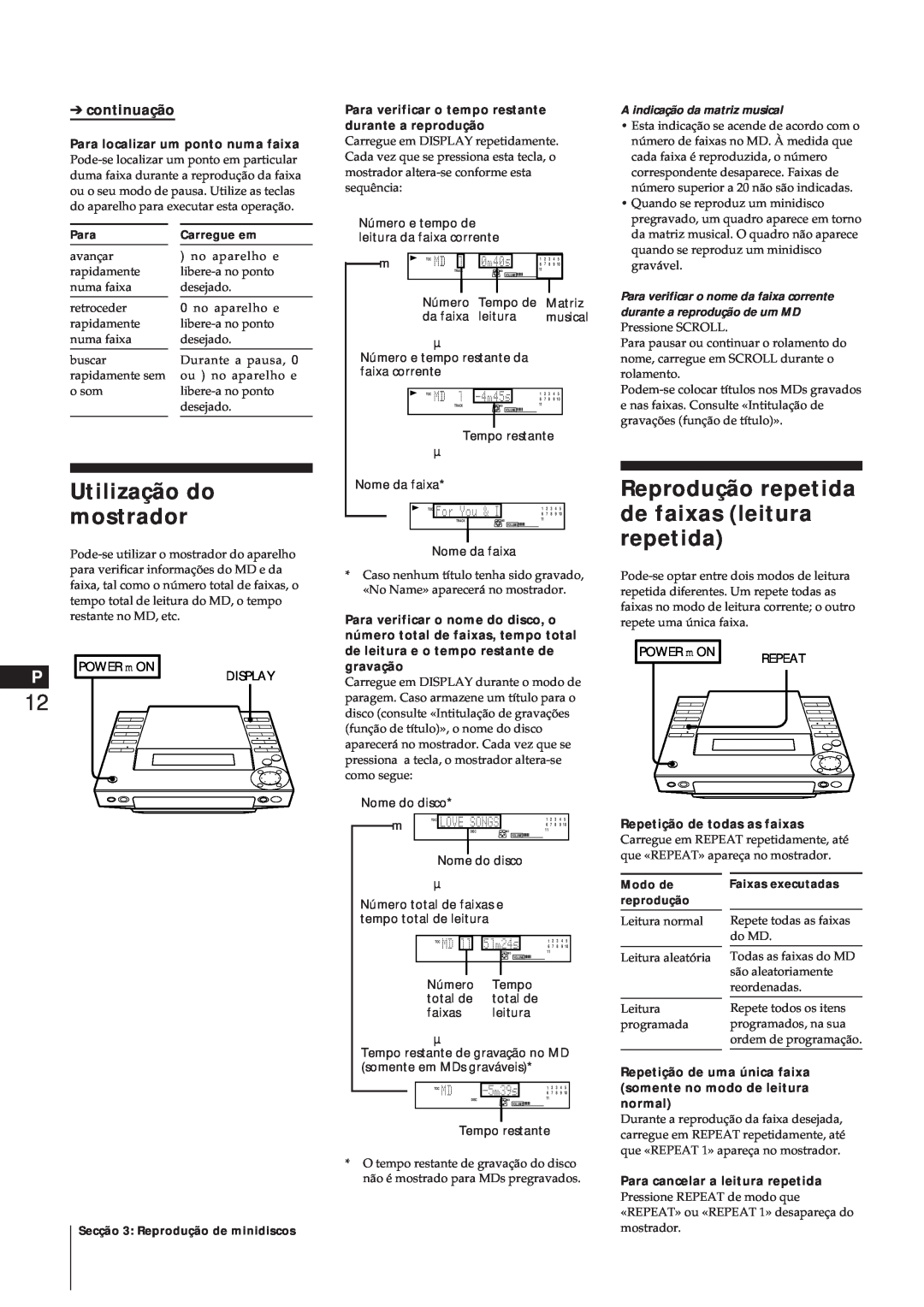 Sony MJ-L1 Utilização do mostrador, Reprodução repetida de faixas leitura repetida, continuação, Número, Tempo de, Matriz 