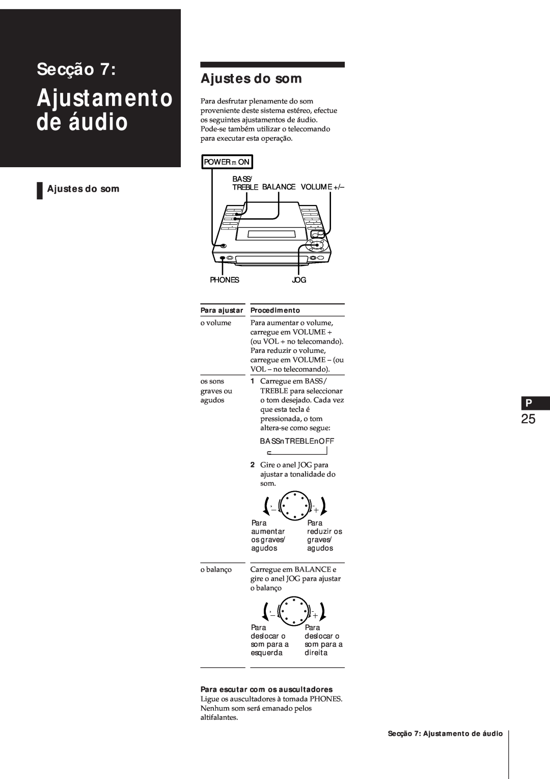 Sony MJ-L1A manual Ajustamento de áudio, Ajustes do som, Secção, Para escutar com os auscultadores 