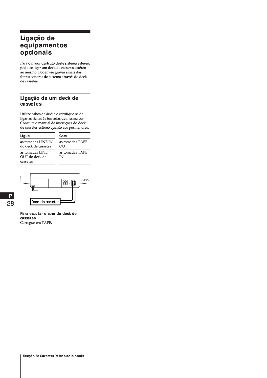 Sony MJ-L1 manual Ligação de equipamentos opcionais, Ligação de um deck de cassetes, Para escutar o som do deck de cassetes 