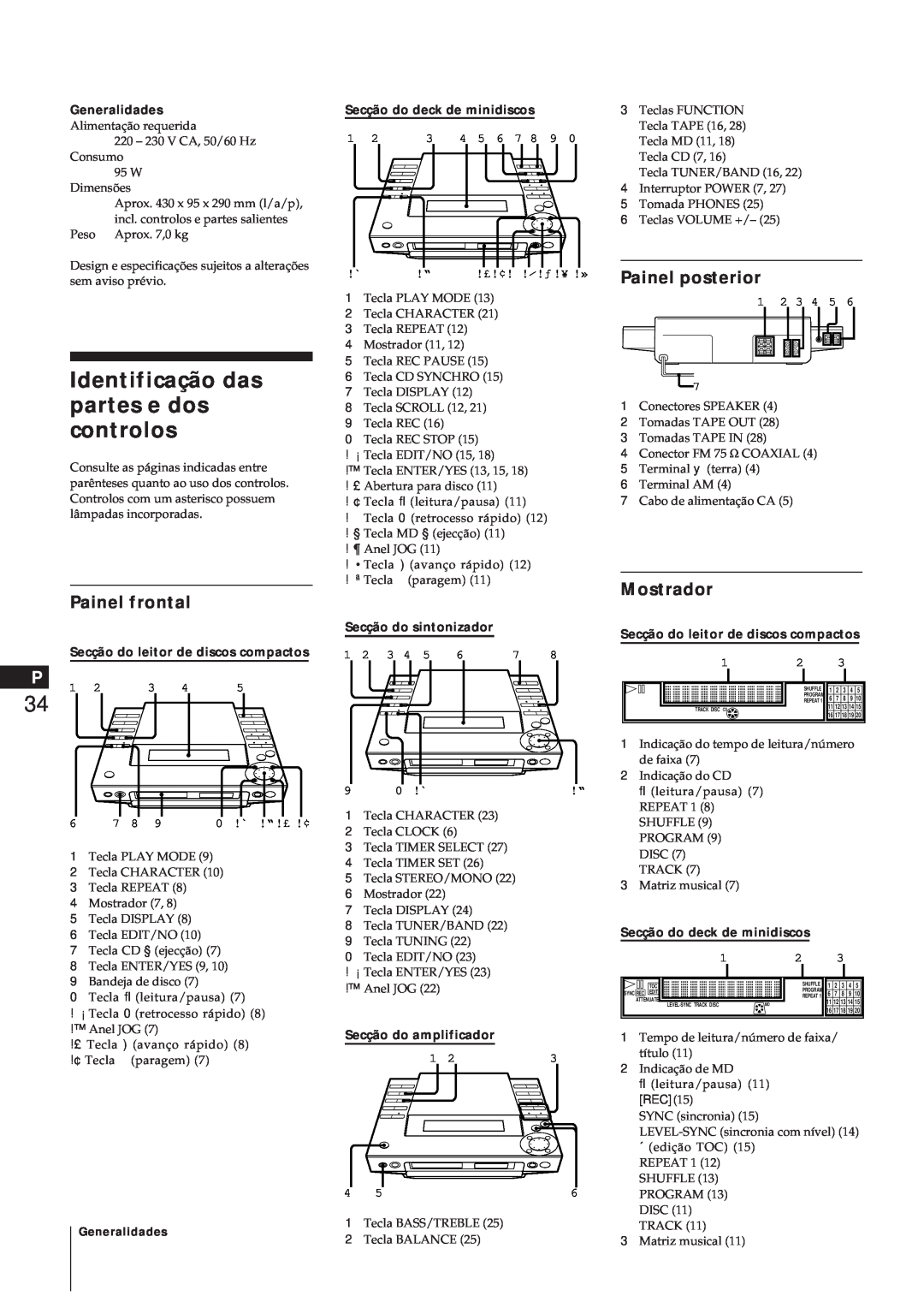 Sony MJ-L1A manual Identificação das partes e dos controlos, Painel posterior, Mostrador, Painel frontal, Generalidades 