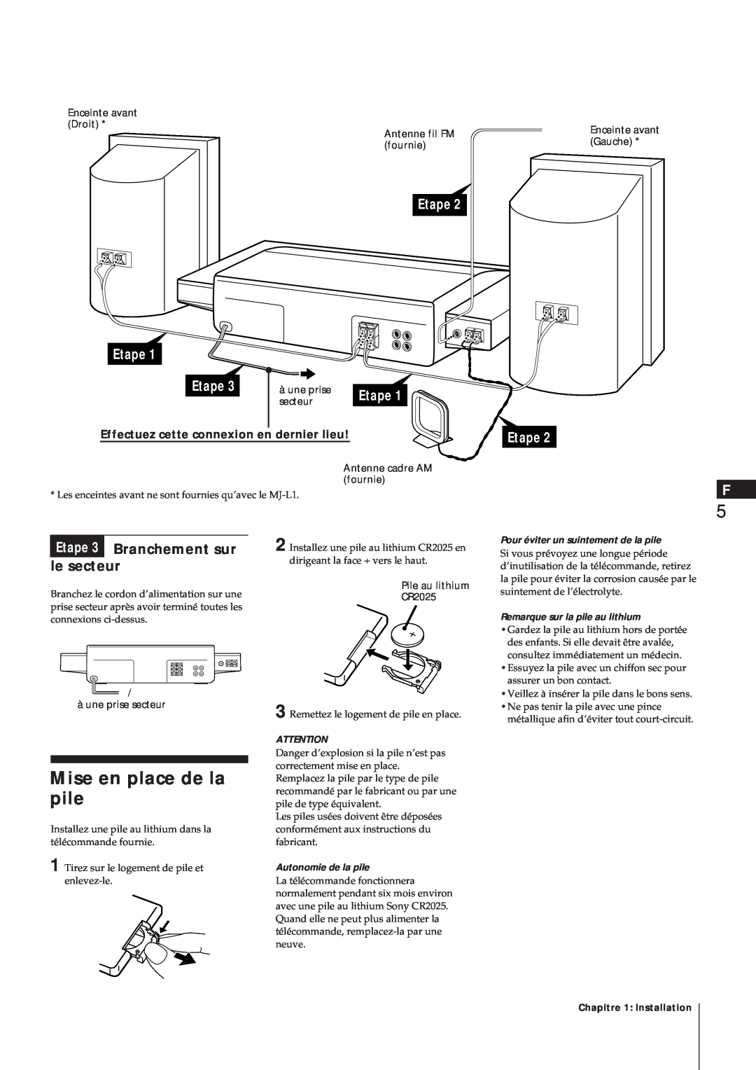 Sony MJ-L1A manual Mise en place de la pile, Etape Etape, Branchement sur, le secteur, Etape F 