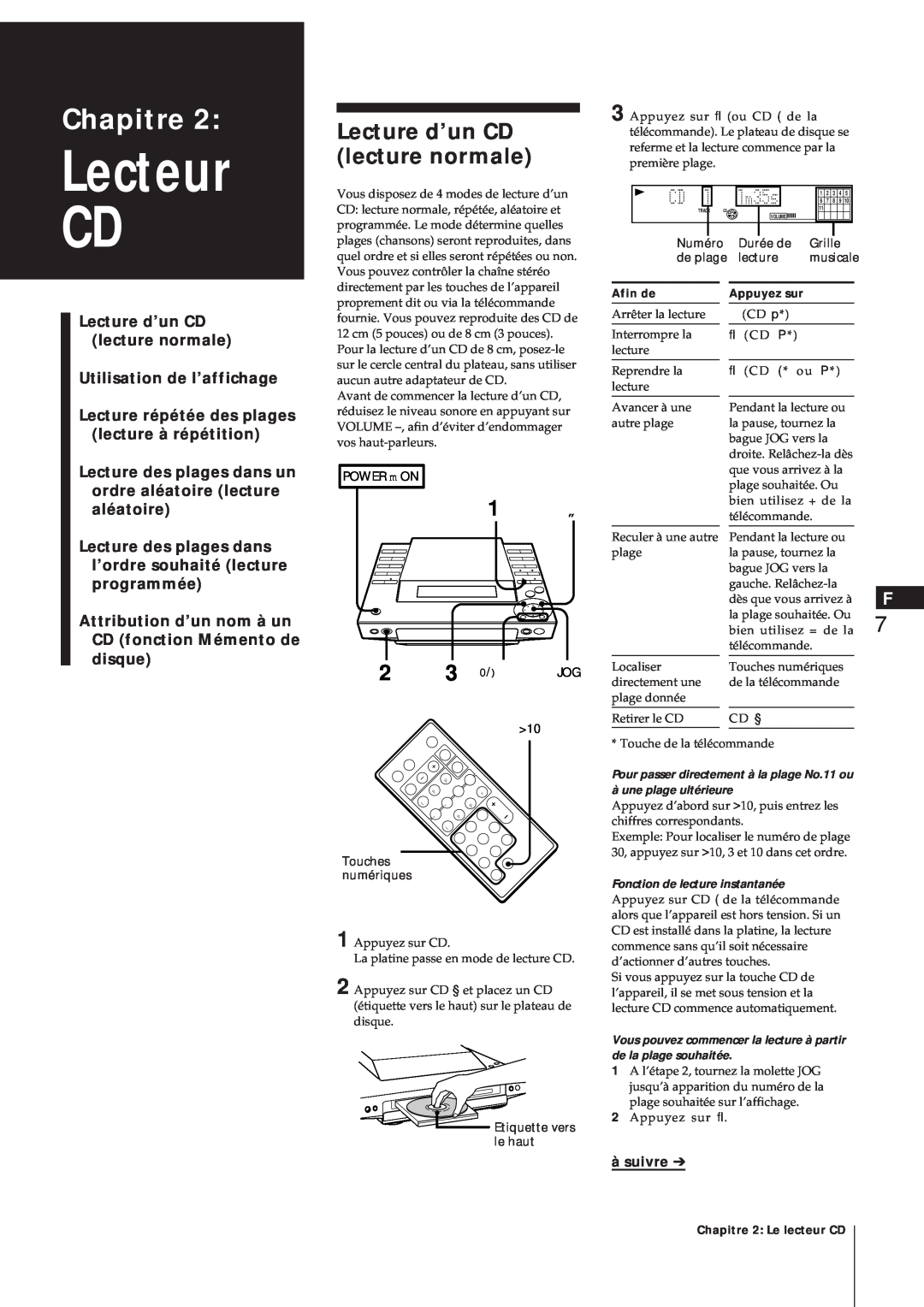 Sony MJ-L1A manual Lecteur CD, Lecture d’un CD lecture normale, Chapitre, Utilisation de l’affichage, à suivre 