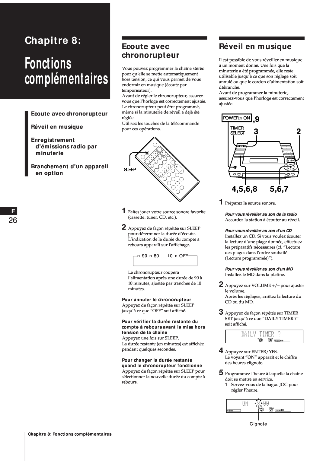 Sony MJ-L1A manual Ecoute avec chronorupteur, Réveil en musique, Fonctions complémentaires, Chapitre, 4,5,6,8 5,6,7 