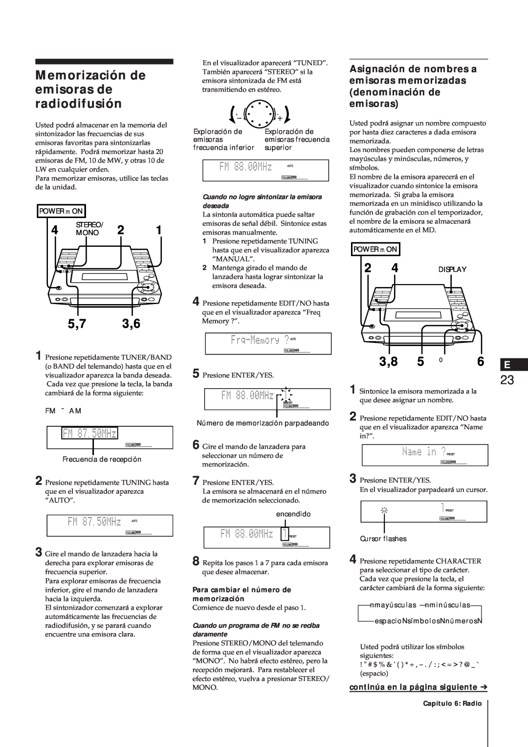 Sony MJ-L1A manual Memorización de emisoras de radiodifusión, 5,7 3,6, 3,8 5, continúa en la página siguiente 