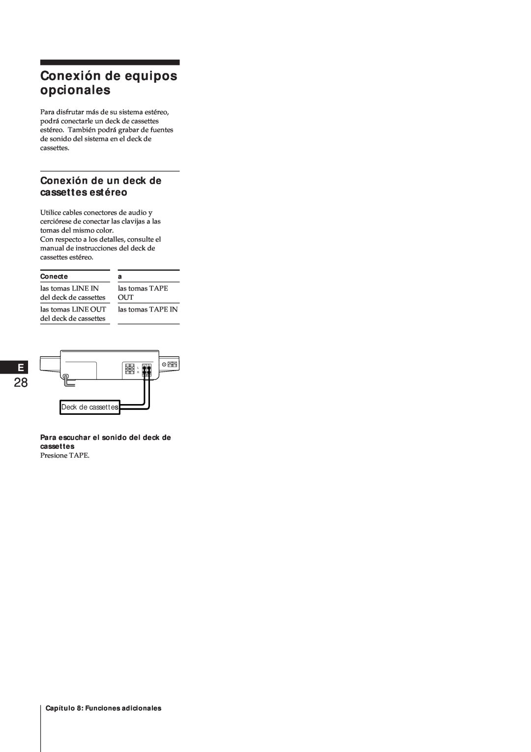 Sony MJ-L1A manual Conexión de equipos opcionales, Conexión de un deck de cassettes estéreo 