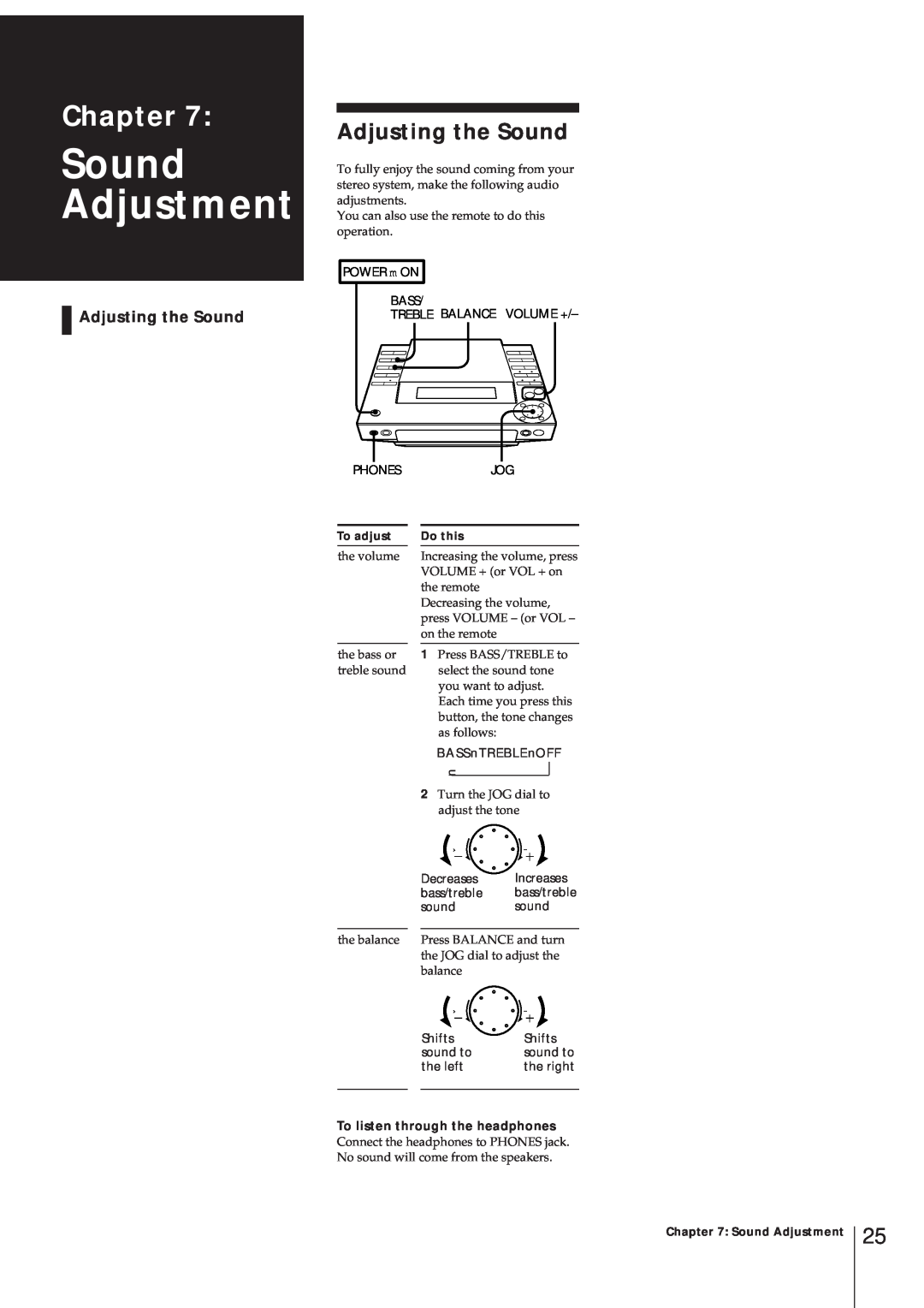 Sony MJ-L1 MJ-L1A operating instructions Adjusting the Sound, Sound Adjustment, Chapter, To listen through the headphones 