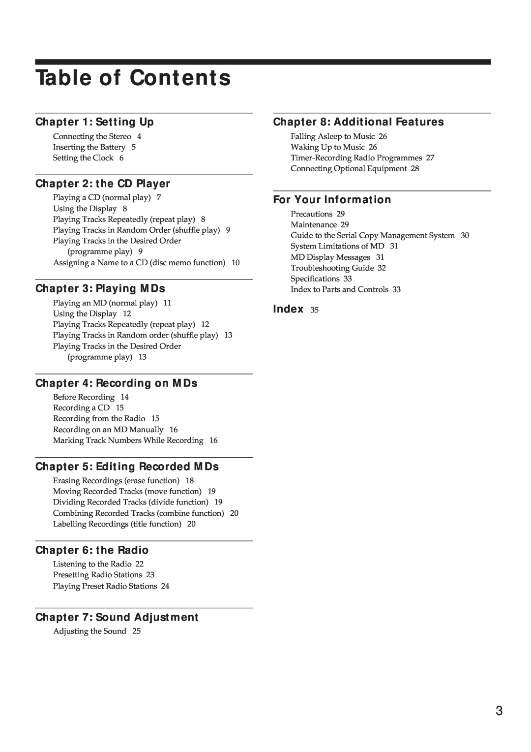 Sony MJ-L1 MJ-L1A operating instructions Table of Contents 