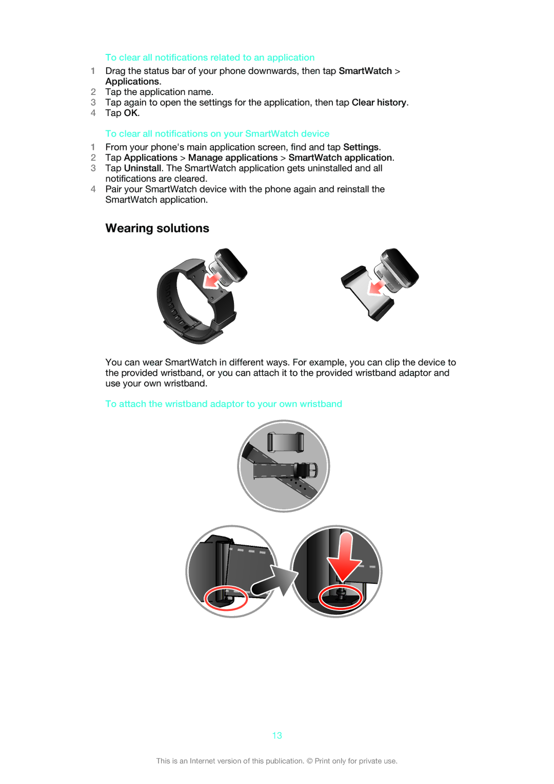 Sony MN2 manual Wearing solutions, To clear all notifications related to an application 