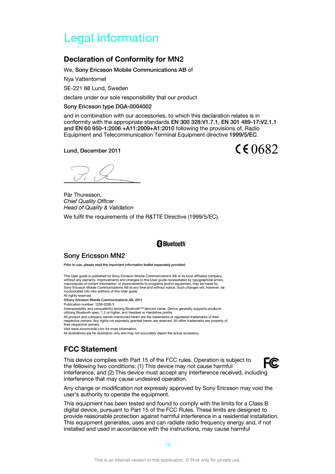 Sony manual Legal information, Declaration of Conformity for MN2, FCC Statement 