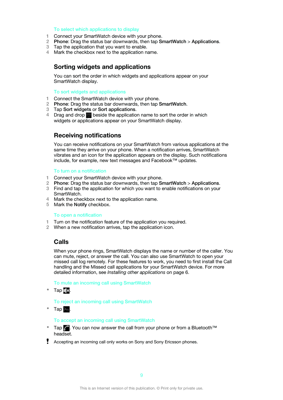 Sony MN2 manual Sorting widgets and applications, Receiving notifications, Calls 